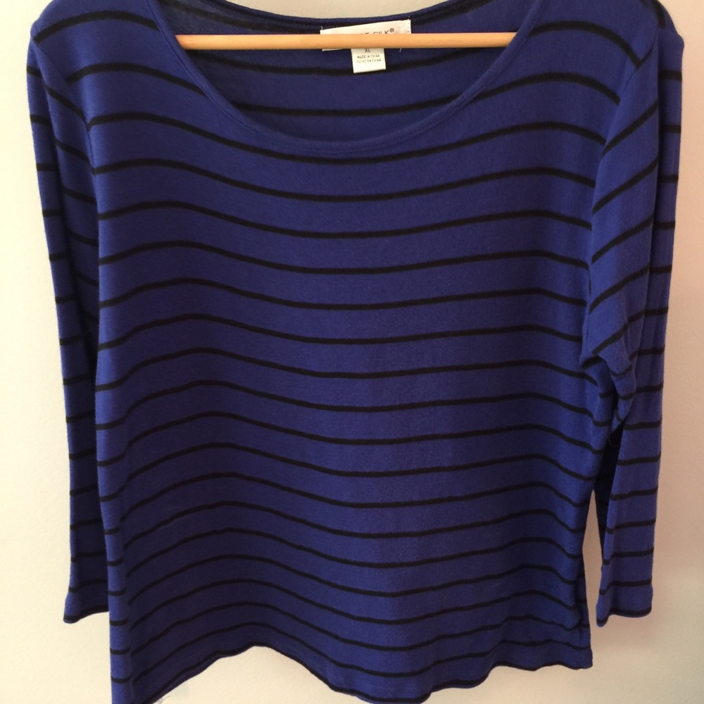 August Silk royal blue and black striped tee EUC L
